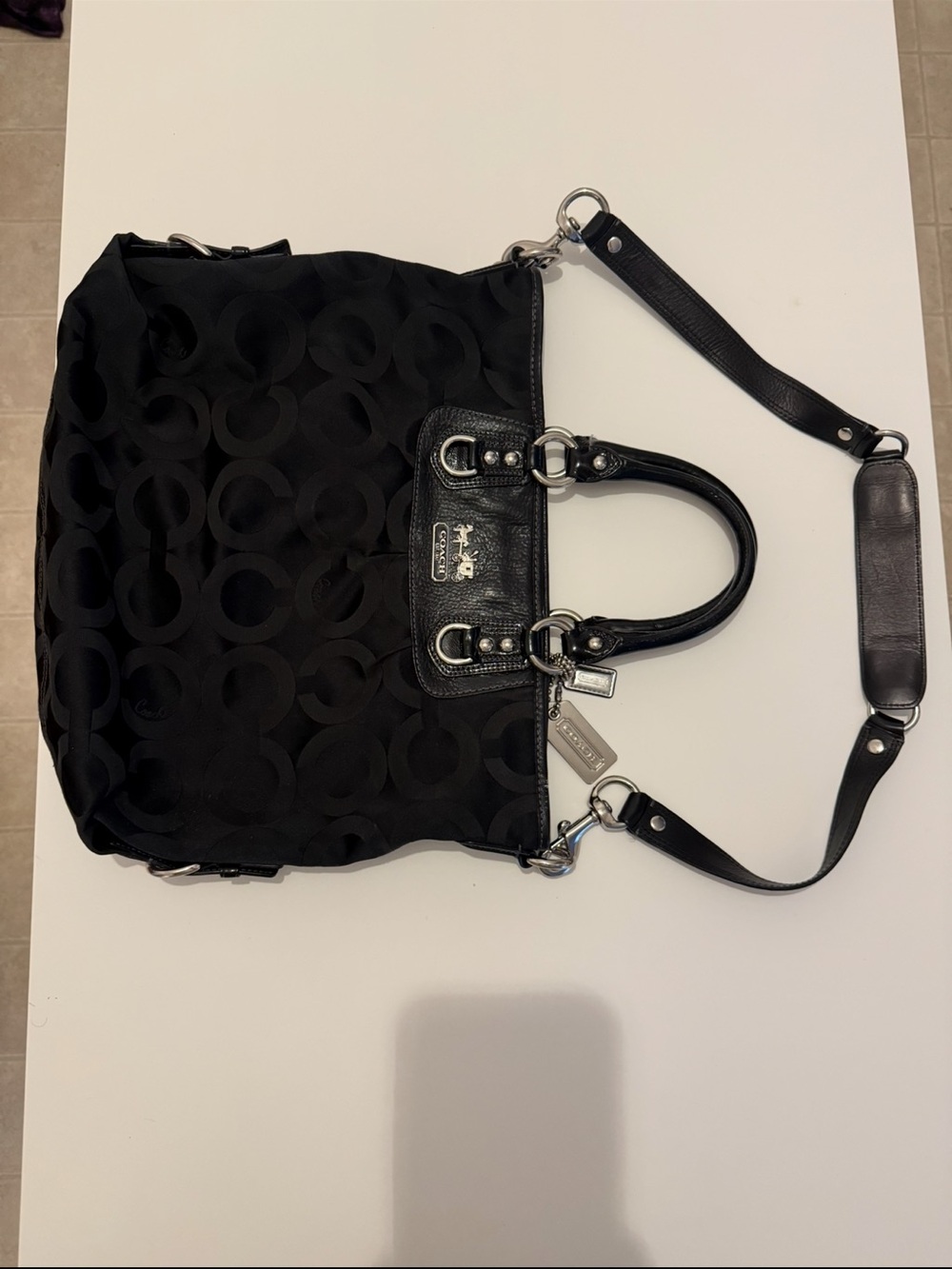 Coach Black Signature Crossbody Tote with Leather Trim